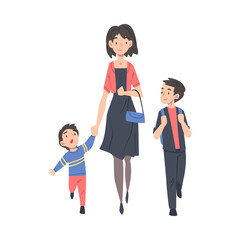 Mother Taking her Children to the School in the Morning, Parent and Kid Walking Together Holding Hands Cartoon Style Vector Illustration