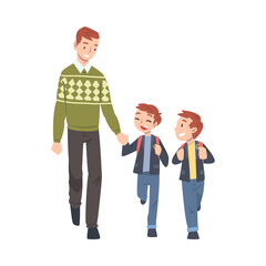 Father Taking his Two Sons to the School in the Morning. Parent and Kids Walking Together Holding Hands Cartoon Style Vector Illustration