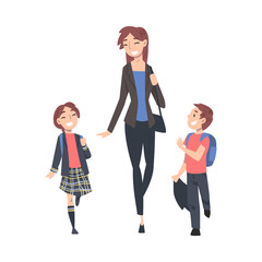 Mother Taking her Son and Daughter to the School in the Morning, Parent and Kid Walking Together Holding Hands Cartoon Style Vector Illustration