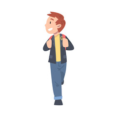Smiling Schoolboy Walking to School with Backpack, Back to School, Education Concept Cartoon Style Vector Illustration