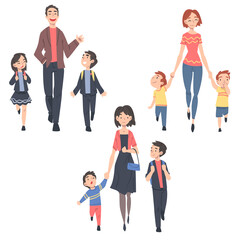 Naklejka premium Parents Taking their Children to the School or Kindergarten in the Morning, Dad, Mom and Kids Walking Together Outdoors Cartoon Style Vector Illustration