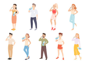 People Drinking Clean Water from Plastic Bottles Set, Male and Female Persons Quenching Thirst, Healthy Lifestyle Concept Cartoon Style Vector Illustration