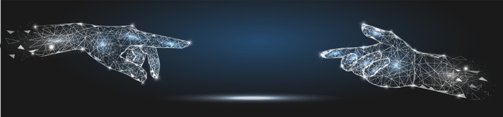 Human touch hands, vector poster banner design template. Low poly art, polygon wireframe mesh. Human communication, innovations, future technologies.