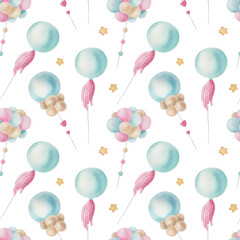 Watercolor cute balloon pattern on the light background. Bright kids illustration with isolated elements.