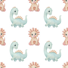 Watercolor seamless pattern with cute dinosaur on the light background. Funny kids illustration. Ideal for children's textile, wrapping, and other designs.
