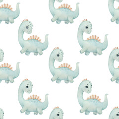 Watercolor seamless pattern with cute dinosaur on the light background. Funny kids illustration. Ideal for children's textile, wrapping, and other designs.