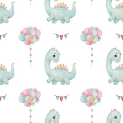 Watercolor seamless pattern with cute dinosaur and balloon on the light background. Funny kids illustration. Ideal for children's textile, wrapping, and other designs.
