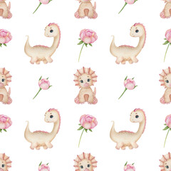 Watercolor seamless pattern with cute dinosaur and peony on the light background. Funny kids illustration. Ideal for children's textile, wrapping, and other designs.