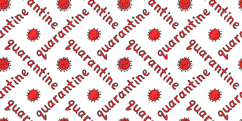 Vector seamless pattern with the quarantine logo - inscription and icon of molecule, virus cell. The topic of self-isolation, self-defense, protection and time of spread of coronavirus