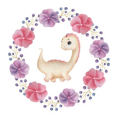 Cute little dinosaur with flower composition on the light background. Watercolor isolated cartoon kids illustration. Ideal for invitation, poster, home decor, packaging design, print.