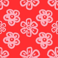 Seamless pattern etno boho style with simple flowers on a coral background. Hand drawn for wallpaper, fabric design, pattern fills.