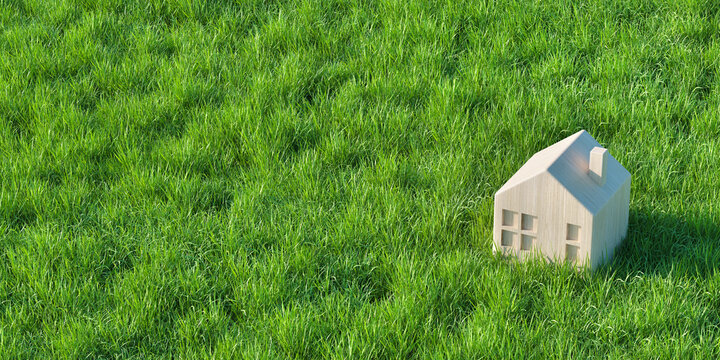 草原に置かれた木製住宅の3Dグラフィックス ハウジング・建築・不動産のコンセプトイメージ