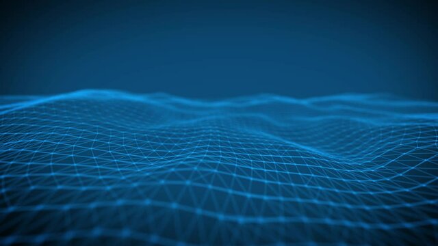Wave animation of lines and dots on a dark blue background. Abstract illustration of a background motion transformation. 4К