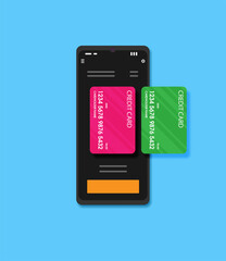 Credit card and pos terminal. Vector flat illustration