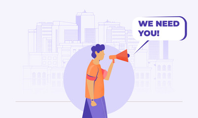 Man with megaphone. Business hiring and recruiting concept. Flat vector illustration.