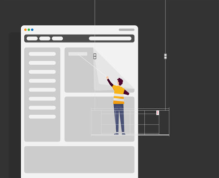 Man updates content on the site. Construction cradle flat vector