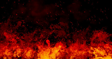 Abstract image of Orange fire or flames with sparkles and smoke in black background. - Powered by Adobe