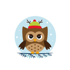 Winter owl sitting on the branch, flat owl icon, vector illustration