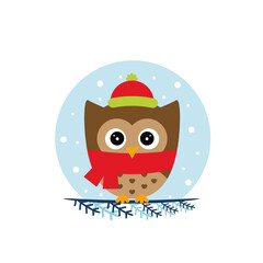 Winter owl sitting on the branch, flat owl icon, vector illustration