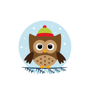 Winter owl sitting on the branch, flat owl icon, vector illustration