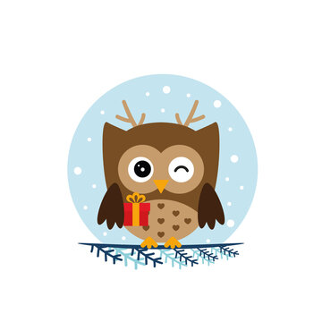 Winter owl sitting on the branch, flat owl icon, vector illustration