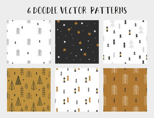 6 Doodle winter patterns set.Ideal for wrapping paper, textile, fabric or apparel.