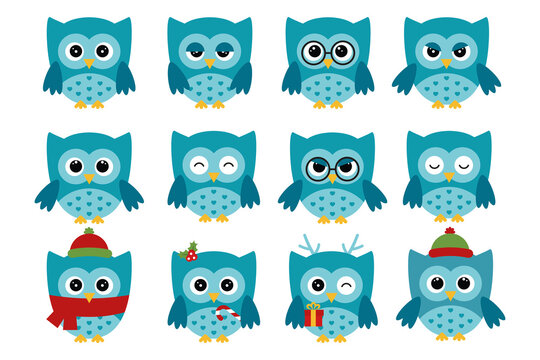 Owls icons, bright owls with different emotions