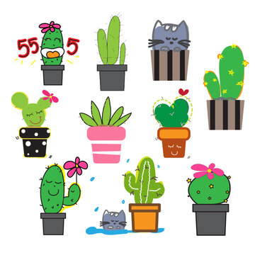 Set of cactus cartoon on white background. Vector