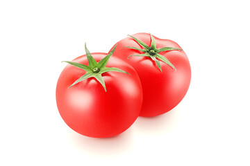 Two red beautiful tomatoes with green leaves on a white background close up