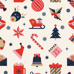 Seamless Christmas pattern. Xmas theme background design of icons. Vector  texture for gift wrap, wallpaper, web banner background, wrapping paper and fabric patterns.