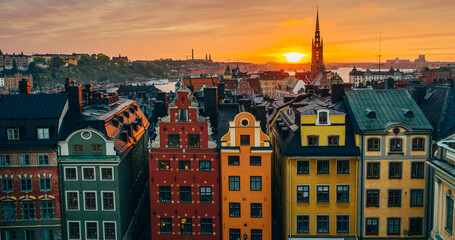 Stortorget place in Gamla stan, Stockholm in a beautiful sunset over the city.  - obrazy, fototapety, plakaty