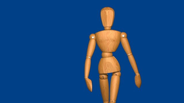 wooden mannequin walks towards camera - 3d illustration animation - blue screen