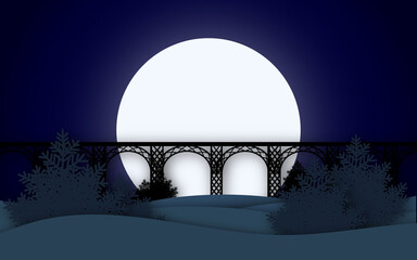 winter art paper and craft. snow on a dark blue sky. ate and the bridge against the background of the moon in the snow