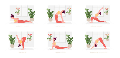 Indoor Yoga Set. Young woman practicing Yoga pose. Woman workout fitness, aerobic and exercises. Vector Illustration.