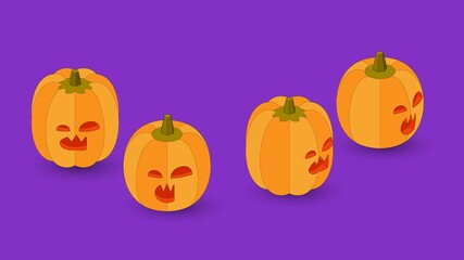 Set of isometric halloween pumpkins. Jack-o'-lanterns isolated on violet background.