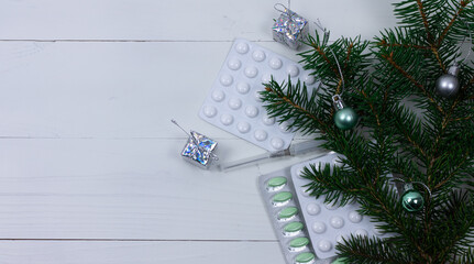 Celebrating Christmas in the healthcare industry. Conceptual. Top view of flat lay. Christmas tree...
