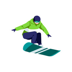 Athlete jumping with snowboard. Snowboarder in ski suit free riding in mountains, extreme winter sport cartoon vector illustration isolated on white background