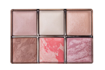 Cosmetic products isolated. Close-up of various cheek or face powder isolated on a white background. Macro of two blushs, two powder, a bronzer and a highlighter. Make-up concept.