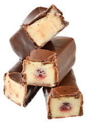 Chocolate marzipan bar with fruit filling isolated