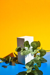 White box. Drugs box mock-up. Mockup. Copy space. Yellow and blue creative minimalism isometric...