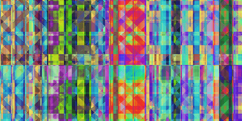 Multicolor Checkered Rhombuses Glitch Art Backdrop. Distorted Geometric Surface. Abstract grunge...