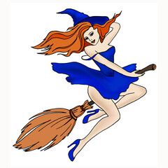 Image of a witch. Color drawing. Witch on a broomstick. spirituality, witchcraft, halloween, holiday,