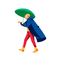 Man in raincoat walking under umbrella. Autumn or spring season, rainy windy weather. Male person spending time on nature with green umbrella flat vector illustration