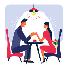 Couple at romantic dinner vector illustration. Lovers sitting at table . Romantic date. Man and woman in a restaurant.