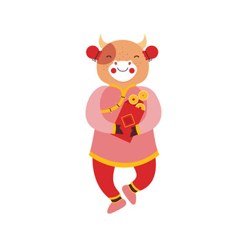 Cute bull baby girl with a red chinese envelopes with money. Symbol of the new year 2021. Ox holding in the paws hongbao with gold coins. Cartoon funny animal character in Chinese national costume