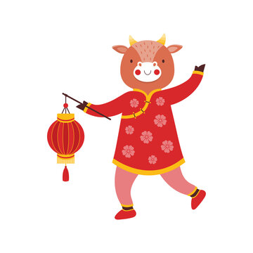 Cute bull baby girl with a red chinese paper lantern. Symbol of the new year 2021. Ox in a traditional Oriental costume. Cartoon funny kid animal character. Happy chinese new year. Zodiac sign.