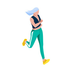 Girl dressed in sportswear jogging. Female athlete character taking part in competition, training to marathon, doing morning workout. Active healthy lifestyle concept flat vector illustration