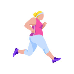 Plus size girl jogging. Side view of plump overweight girl in tracksuit doing morning workout. Weight loss process, active healthy lifestyle concept flat vector illustration