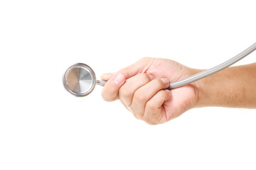 Doctor holding a stethoscope ready to listening heart beat on white background.