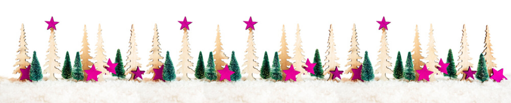 Banner With Many Christmas Tree. Pink Christmas Star Decoration And Ornament. White Isolated Background With Snow